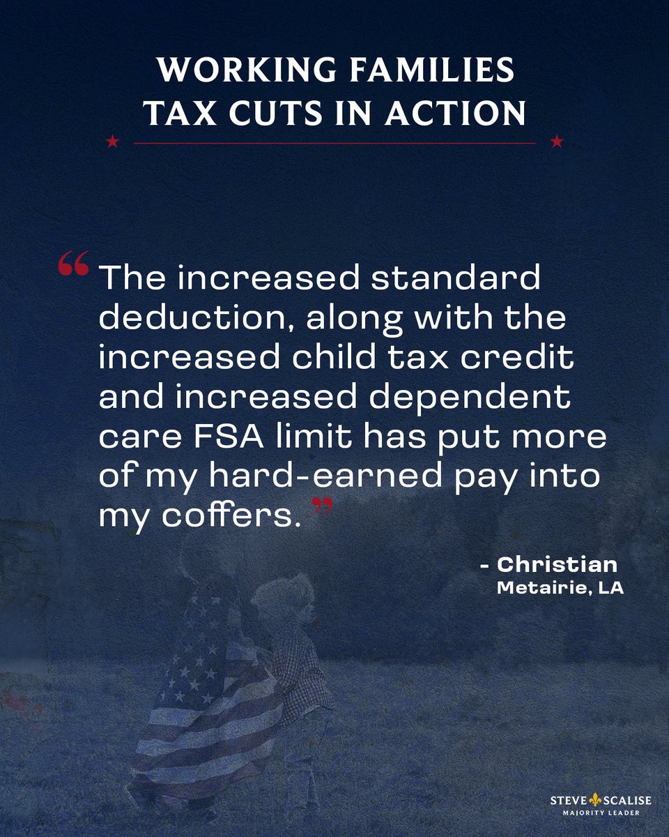 SteveScalise's tweet image. NO TAX on tips.
NO TAX on overtime.
RELIEF for families and seniors.

Republicans' Working Families Tax Cut is putting REAL money back in Americans’ pockets.

More money back. More peace of mind.