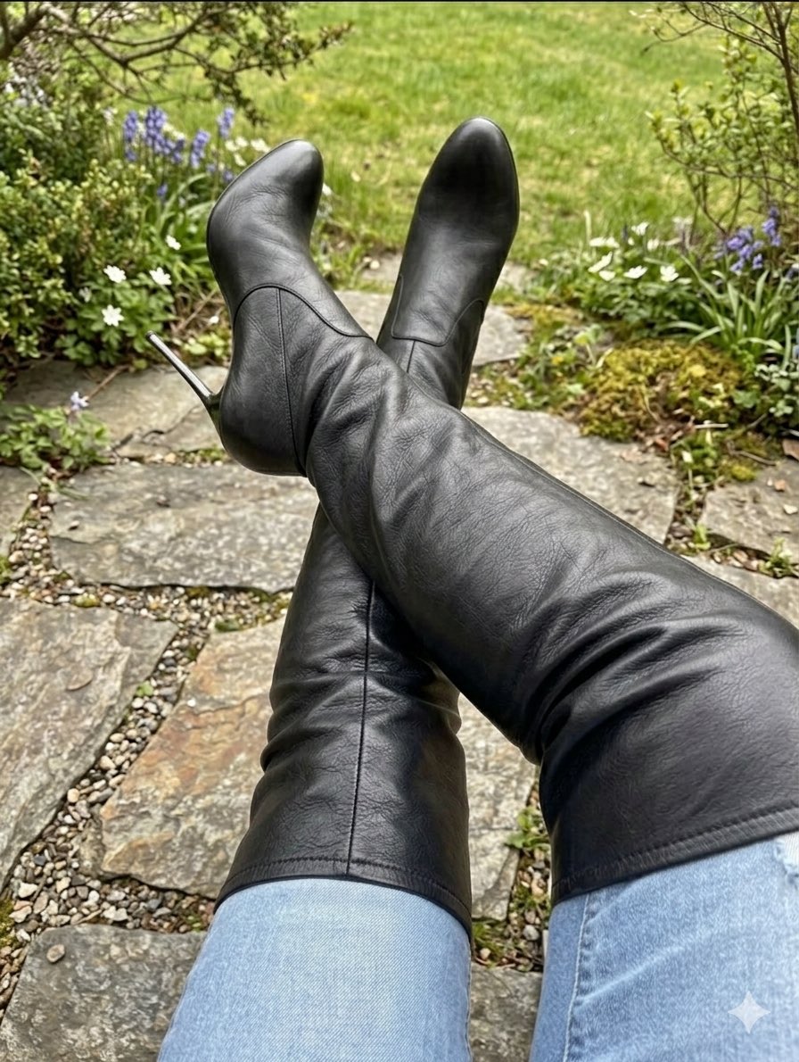 MDominatrixa's tweet image. These black leather knee-high boots are my absolute favorites for garden days ☕👢🖤 Pointed toes, thin stiletto heels, soft leather hugging my legs — this is how I feel most powerful and relaxed👑

#KneeHighBoots #LeatherBoots #jeans #Leather 

@rt_feet