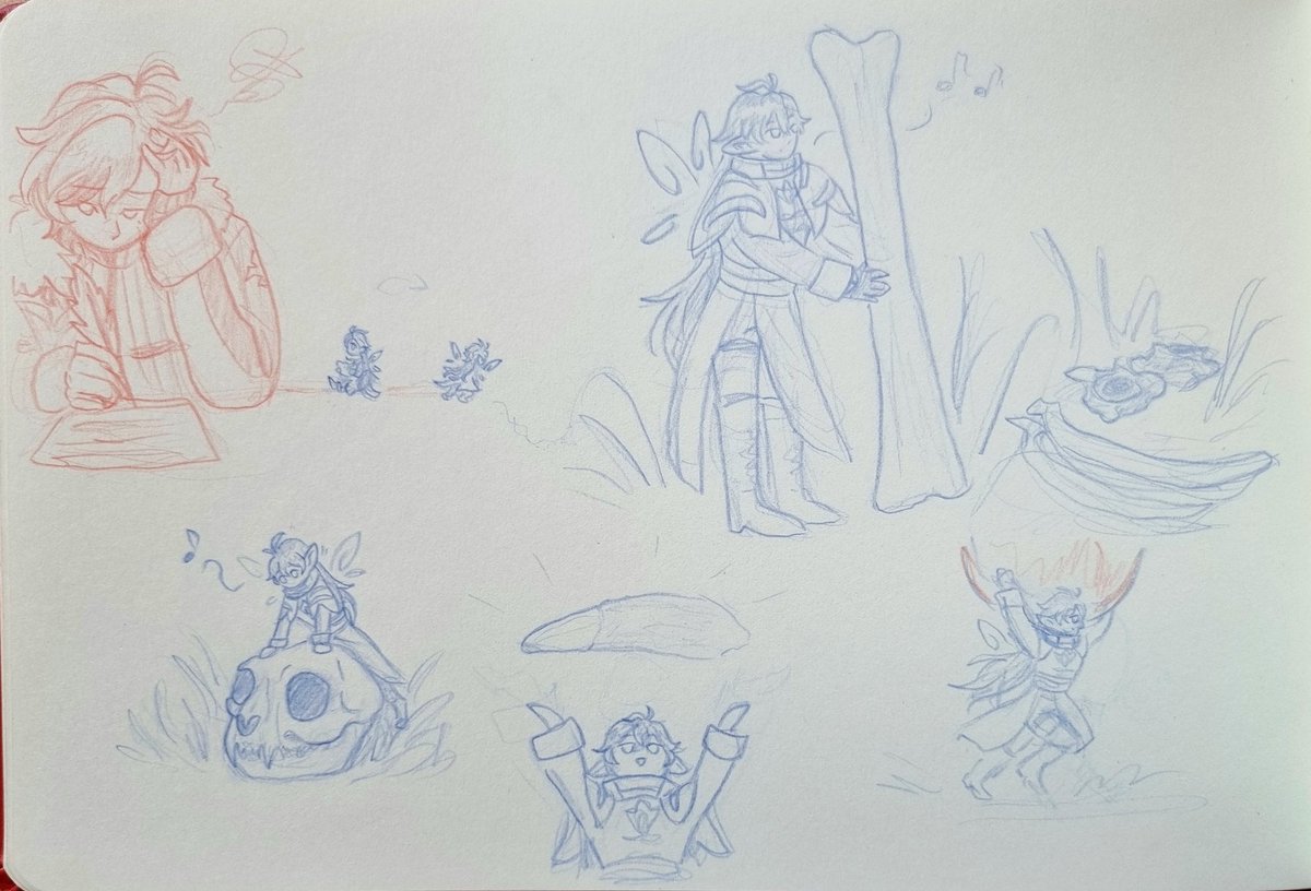 _fishsoup_'s tweet image. Apparently, I have not posted this little #faelight comic
The idea was that a tiny fairy #flins would be adorable and I want him to interact with #illuga
So now he's bringing bones to his dear Young Master to do some puzzles and relax a bit
Who can guess what skull did he find?