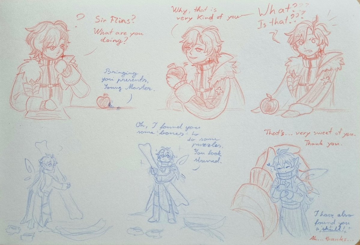 _fishsoup_'s tweet image. Apparently, I have not posted this little #faelight comic
The idea was that a tiny fairy #flins would be adorable and I want him to interact with #illuga
So now he's bringing bones to his dear Young Master to do some puzzles and relax a bit
Who can guess what skull did he find?