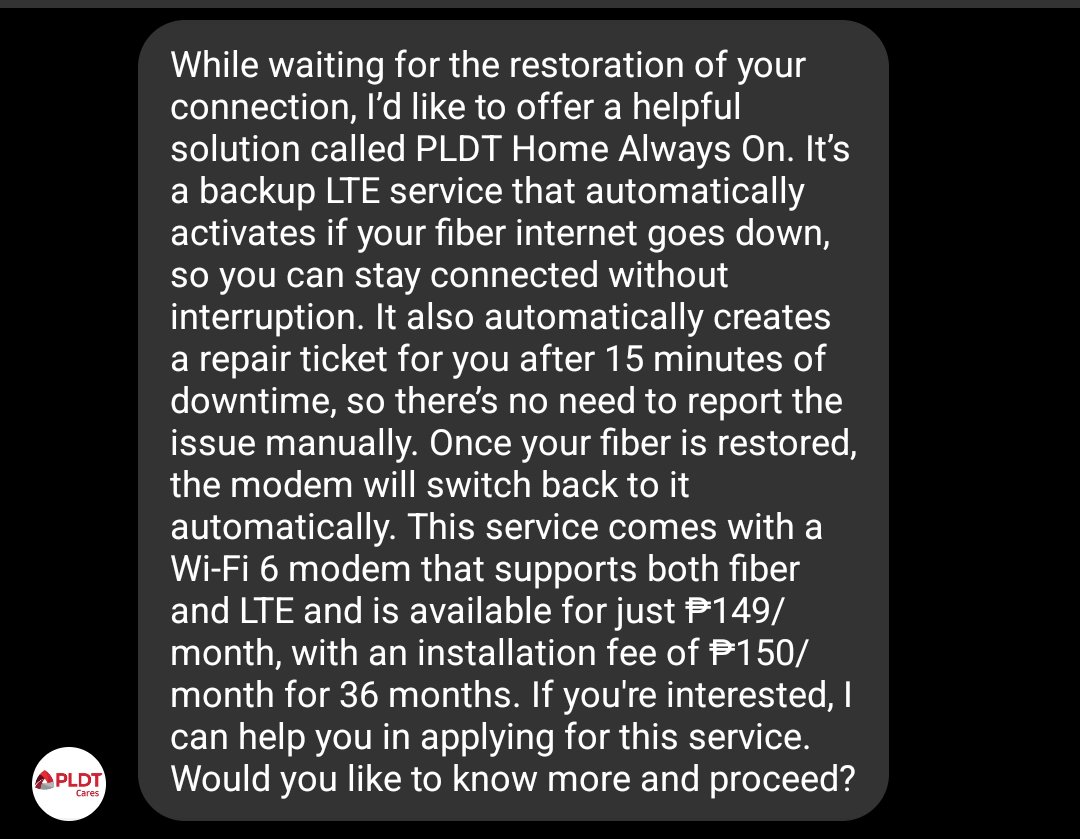 angeeeep's tweet photo. What on earth is this scummy offer? I report downtime for your fiber internet and you literally tell me to pay you more to put a bandaid on? Make it make sense. 💀 @PLDT_Cares @PLDTHome https://t.co/T2oKB0QBwZ