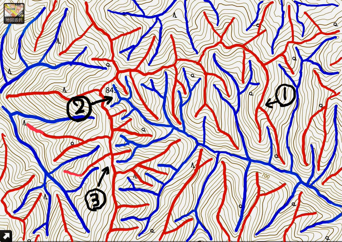 地理の等高線指導 【尾根と谷】 ここがポイント ①高い所から等高線が凸が尾根、よって尾根は枝分かれする ②尾根と谷はクロスしない ③尾根は ...