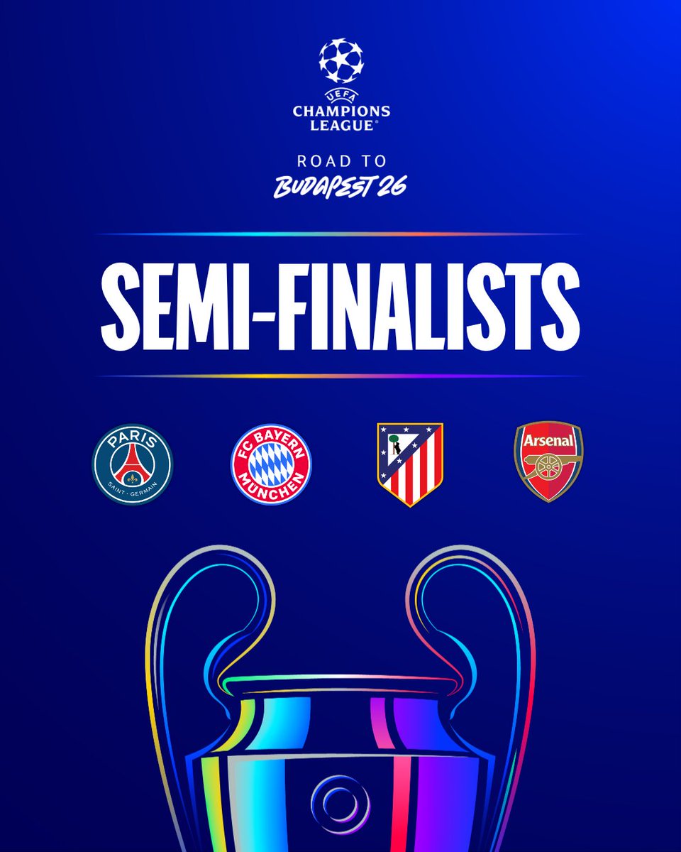 🚨 CONFIRMADO: Semifinales de la Champions League 2026:

🇩🇪 Bayern vs PSG 🇫🇷
🏴󠁧󠁢󠁥󠁮󠁧󠁿 Arsenal vs Atlético de Madrid 🇪🇸

#UCL