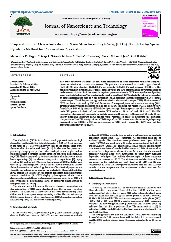 jnst_journal's tweet image. Nano Structured Cu₂ZnSnS₂ (CZTS) Thin Film by Spray Pyrolysis...

M.M. Bagul*, A.A. Nikam, M.Y. Shaha, Priyanka J. Gare, G.H. Jain, A.B. Gite

J. Nanosci. Tech.

Volume 11,Issue 3,2026, 1090 – 1092.
doi.org/10.30799/jnst.…

#jacsdirectory #jnst #nanoscience #nanotechnology