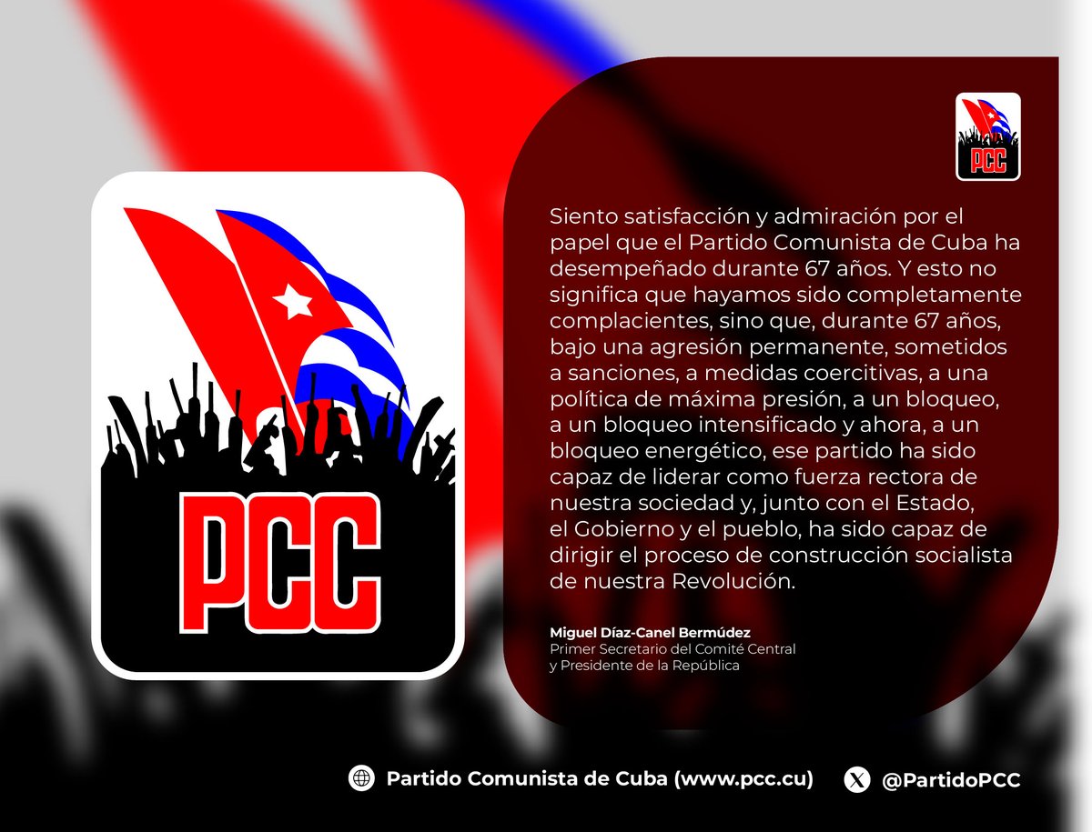 El Partido es el más formidable instrumento de la Revolución; es lo que le da dirección, solidez y continuidad histórica a la Revolución. Revolución que no es de nadie en particular, (...) sino Revolución que depende del pueblo.

Raúl Castro Ruz 

#CubaEstáFirme