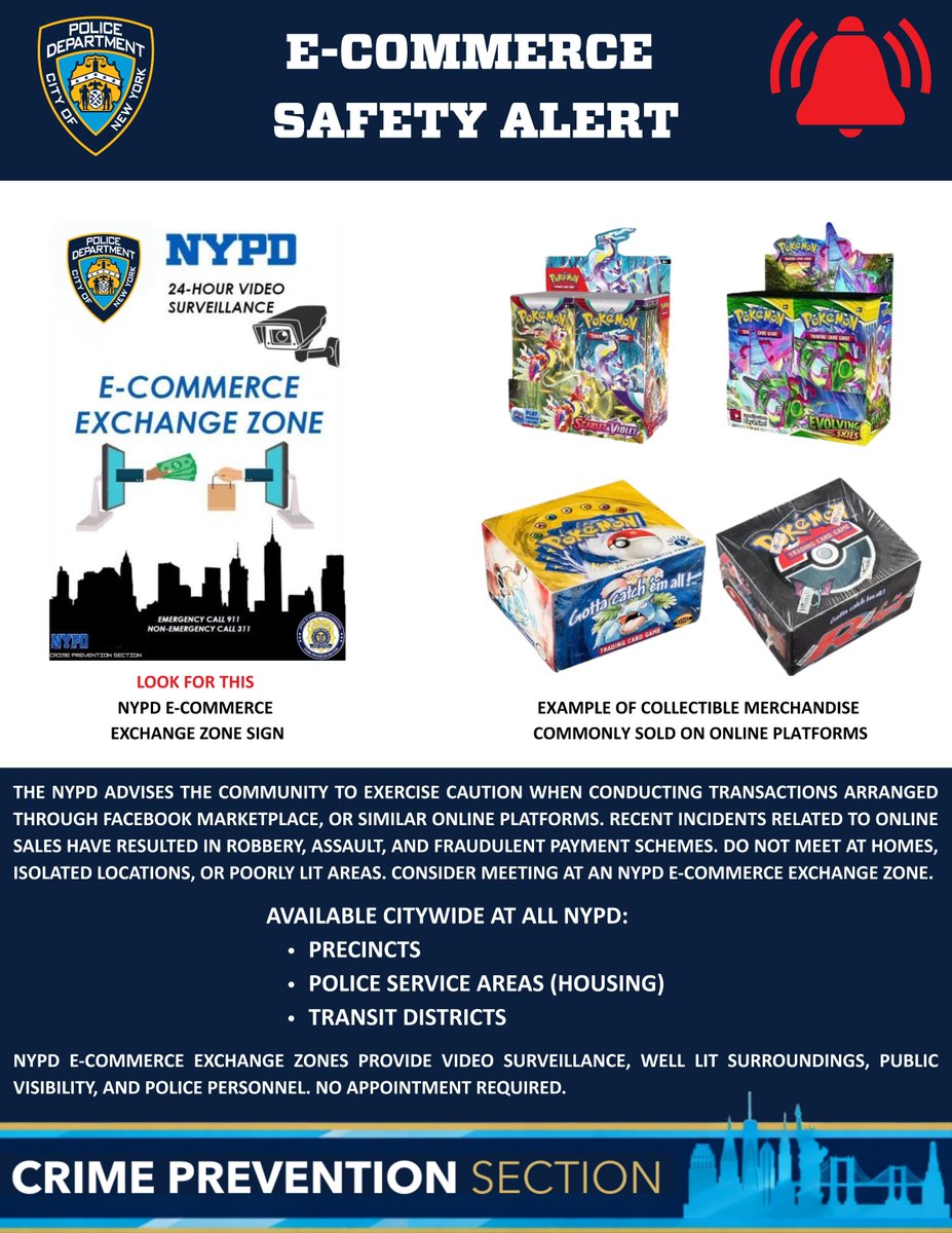 NYPD101Pct's tweet image. In order to combat crime NYC Precincts have designated E-Commerce exchange zones for your safety. If you are buying or selling things online and choose to meet for the exchange, do so in a well lit and well traveled location such as your Local Precinct. #CrimePrevention