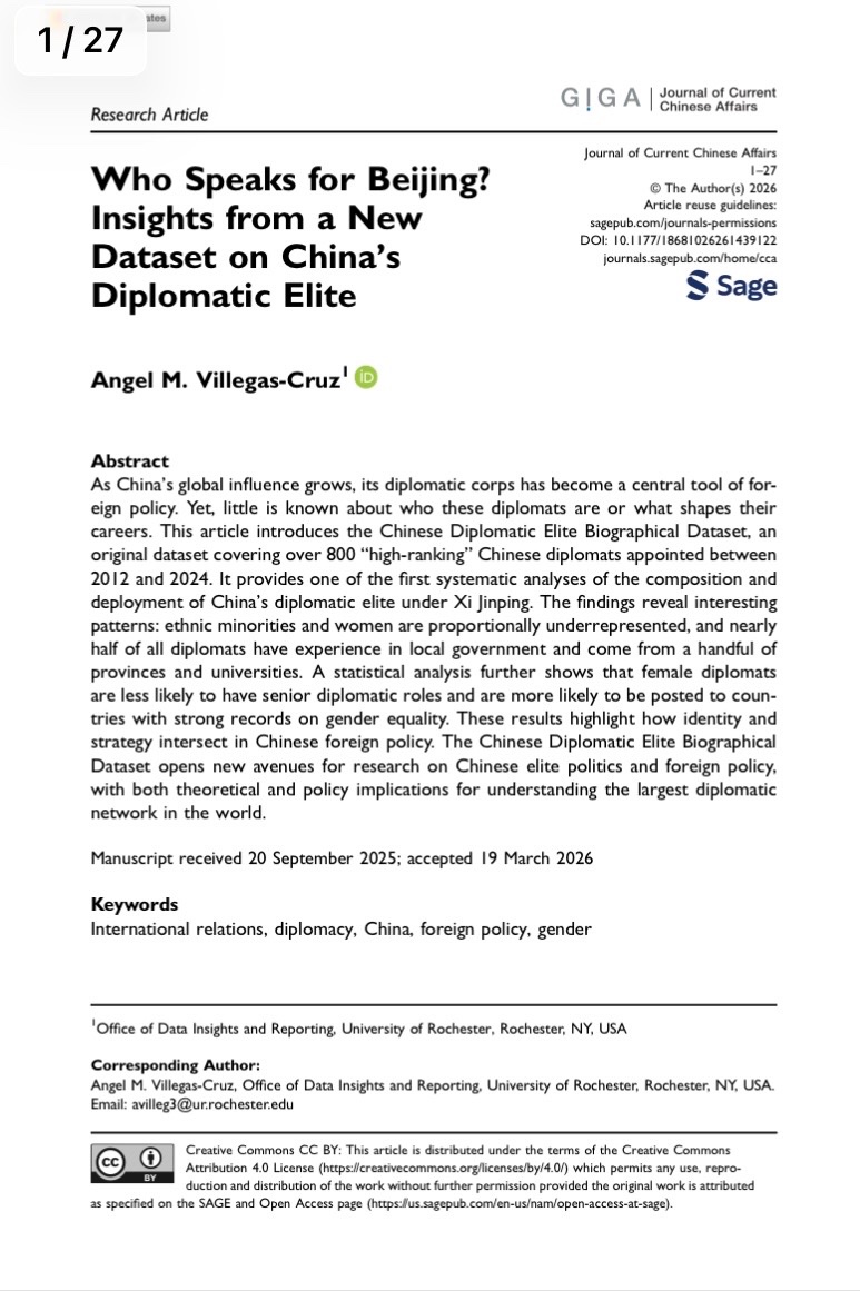 SeriyeSezen's tweet photo. Who Speaks for Beijing? Insights from a New Dataset on China's Diplomatic Elite

“This article provides one of the first systematic analyses of the composition and deployment of China's diplomatic elite under Xi Jinping.”

https://t.co/4v9oofXz8F https://t.co/cB8Zqw031g