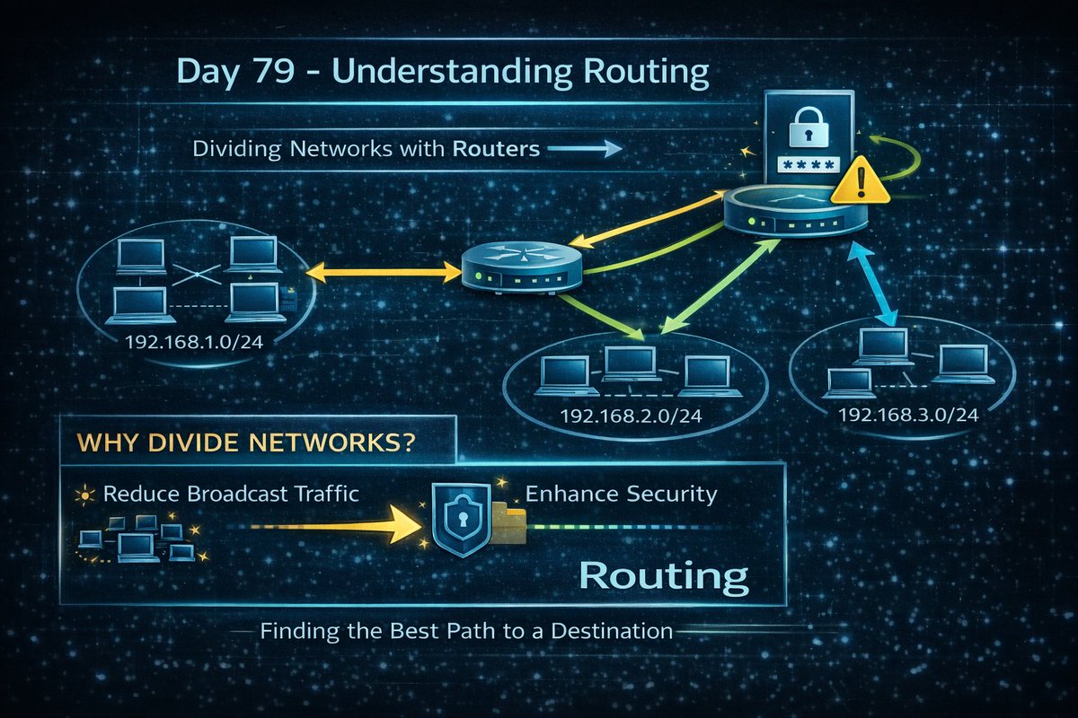 nonski_spencer's tweet image. Day 79/100 #100DaysOfCyber

Routing helps divide networks to:
• Reduce broadcast traffic
• Improve security

At its core: finding the best path for data.

#CyberSecurity #CiscoNetworking #NetworkingBasics