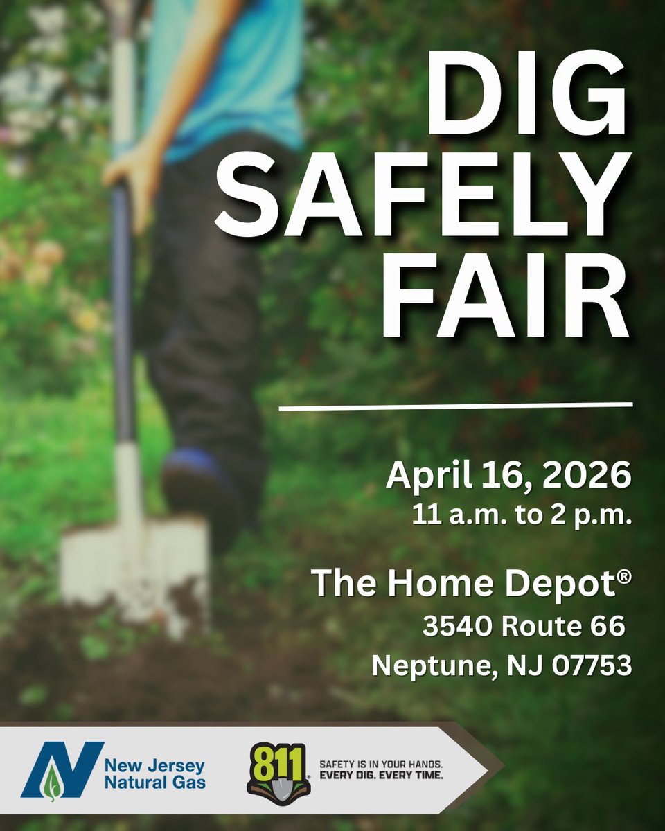 NJNaturalGas's tweet image. ⏰ Don’t miss out – this year’s Dig Safely Fair is tomorrow! Come meet us at The Home Depot® in #NeptuneNJ for #safedigging and #energysaving tips, a complimentary lunch on us and more!

We hope to see you there! #KnowWhatsBelow #Call811🌱