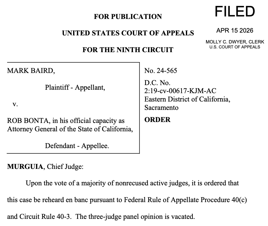 gunpolicy's tweet photo. LEGAL ALERT: The Ninth Circuit has granted California’s en banc petition in a case where the 3-judge panel struck down the state’s urban open carry ban. https://t.co/NFW1eWPwB6