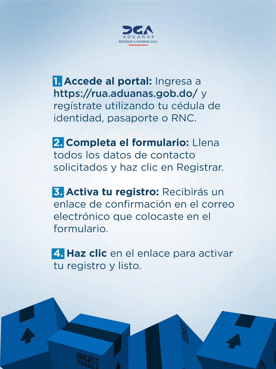 aduanard's tweet image. En caso de que su RNC no esté registrado en la #DGA debe comunicarse al Departamento de Jurídica.

Para más información comunícate a nuestra línea directa 809-547-7442-OPC 5 o escribe a infocourier@aduanas.gob.do. 

#AduanasRD #Courier #RUA