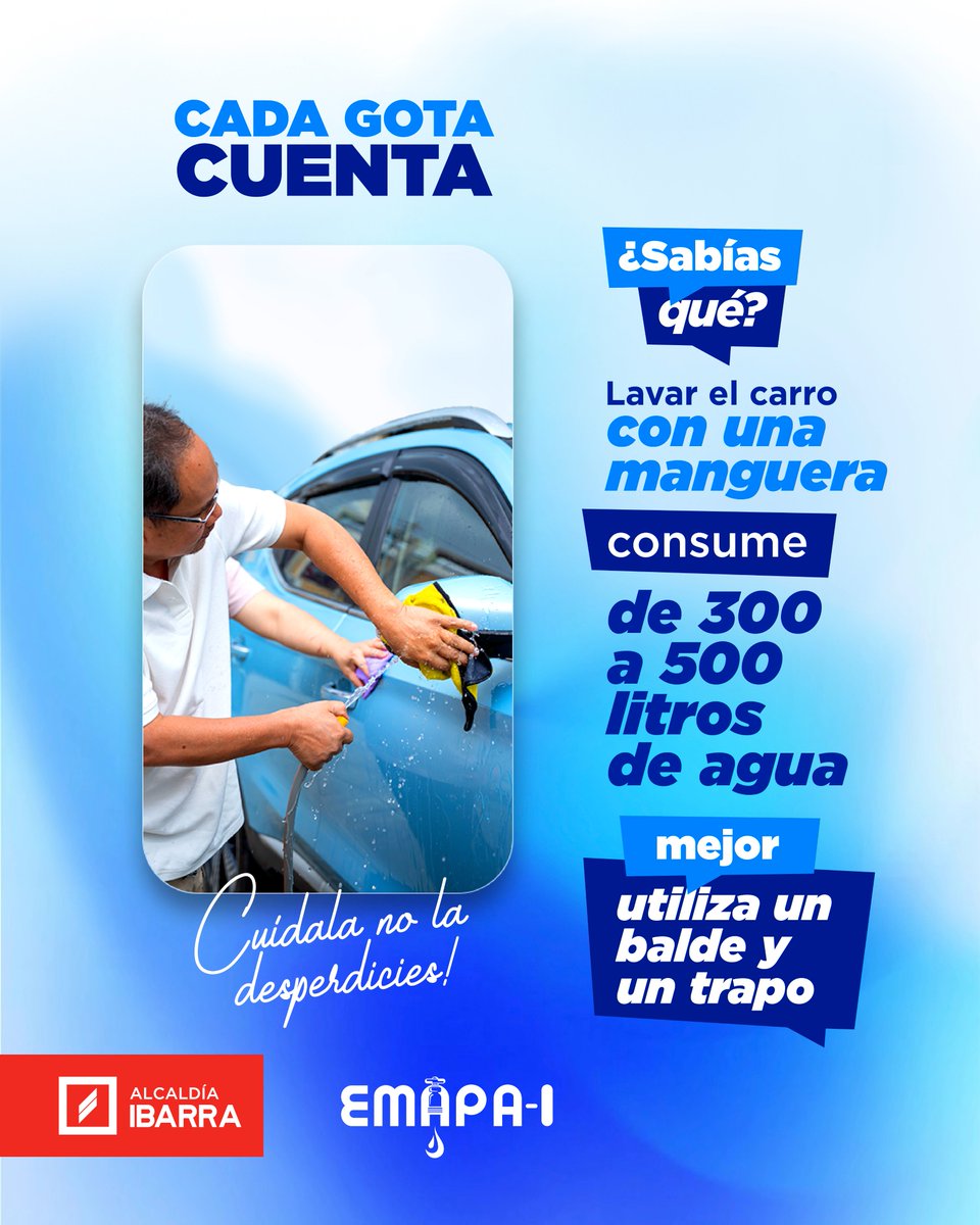 💧 Cada gota cuenta

¿Sabías qué? Lavar el carro con manguera puede consumir entre 300 y 500 litros de agua 🚗💦
Mejor utiliza un balde y un trapo, y ahorra cientos de litros en cada lavado.😉
✨Cuidar el agua es cuidar la vida, no la desperdicies. 🌎💙