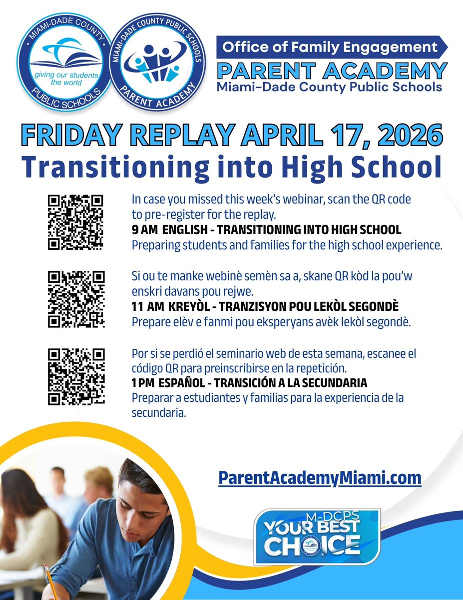 Please join the <a href="/ParentAcadMiami/">M-DCPS Parent Academy / Family Engagement</a> team this Friday for their webinars as they share valuable tips for parents on helping their child transition to high school. Scan the QR codes below or visit ParentAcademyMiami.com to register. #YourBestChoiceMDCPS