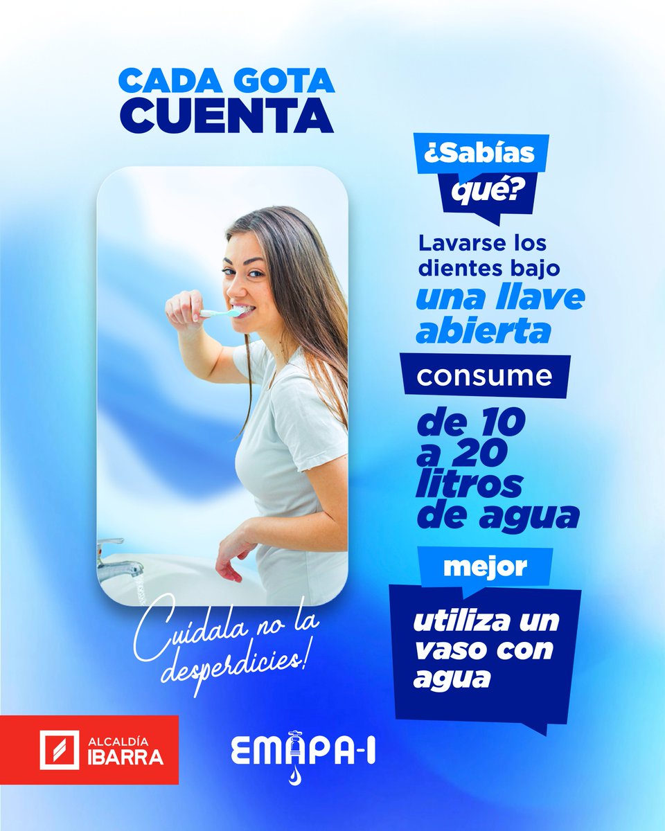 💧 Cada gota cuenta

¿Sabías qué? Lavarte los dientes con la llave abierta puede consumir entre 10 y 20 litros de agua 🚰 Mejor utiliza un vaso y evita el desperdicio.
Pequeños hábitos hacen una gran diferencia 😉
✨Cuidar el agua es cuidar la vida, no la desperdicies. 🌎💙