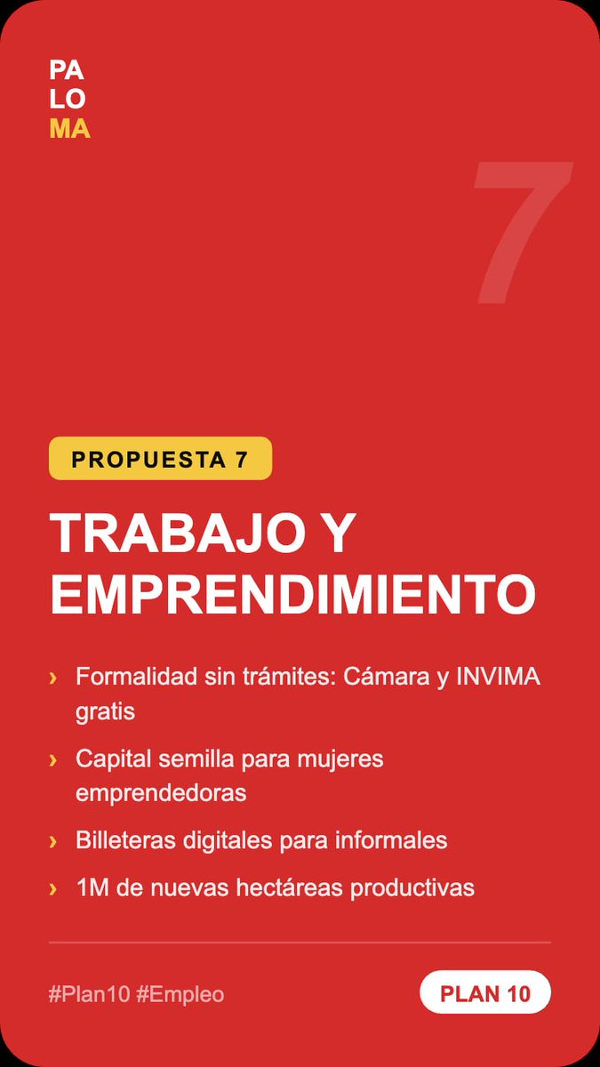IovanaVictoria's tweet photo. Propuesta #7 de Paloma Valencia: trabajo y emprendimiento para todos 

Menos trámites, más oportunidades.
Cámara e INVIMA gratis, capital semilla para mujeres, inclusión digital y más tierra productiva.

Porque el empleo se crea apoyando al que quiere salir adelante #Plan10 https://t.co/NuBkOXP5sn