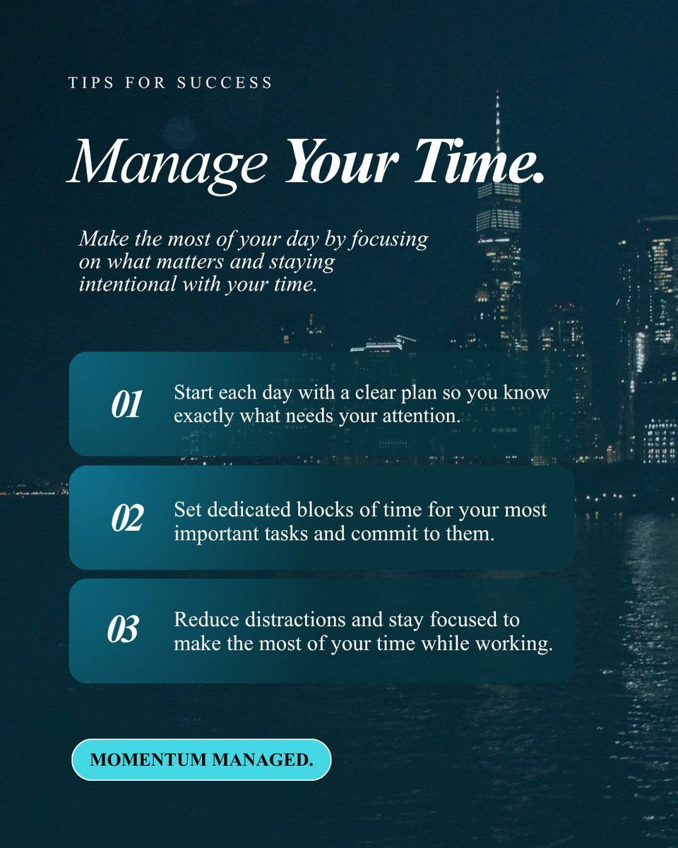 NASManagement's tweet image. Your day doesn't manage itself. Show up with a plan, protect your focus, and commit to what moves the needle. Small habits, big results. 🗓️
-
#momentummanaged #timemanagement #productivity #growthmindset #successmindset #businesstips #focus