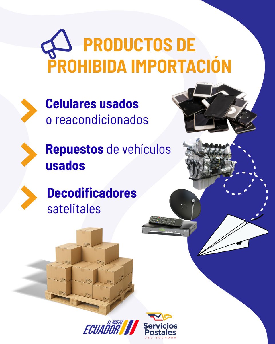 ServPostalEc's tweet photo. 📝 #TipSPE | ¡Evita contratiempos en tus envíos ✈️internacionales!
⚠️Recuerda que existen productos cuya importación está prohibida en el país ⬇️
Antes de enviar o recibir un paquete📦, infórmate y cumple con la normativa.
#ElNuevoEcuador https://t.co/3rmGk8d6Dr