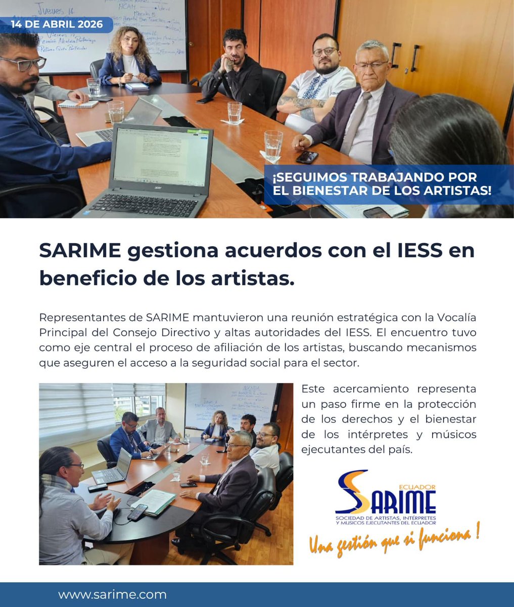 Trabajando por el bienestar de nuestros artistas. 🇪🇨

SARIME ¡Una Gestión que sí funciona! 🎶🎼🎵

#Artistas #Iess #EstoEsEcuador