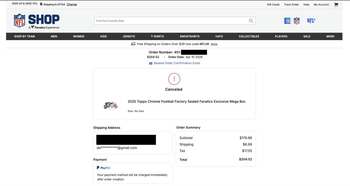 PerfectPicksDFS's tweet photo. @OfficialNFLShop @Fanatics I spent hours on the phone w/ your team &amp; was assured repeated order cancellations were fixed. 3 days later, my confirmed order for 2x 2025 Topps Chrome Football Hobby Boxes are canceled AGAIN. Amex confirmed approval. Need human review &amp; reinstatement. https://t.co/0wldblRVNX