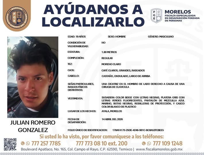 #FiscaliaMorelos solicita su colaboración para la búsqueda y localización de JULIAN ROMERO GONZÁLEZ  de 19  años de edad.