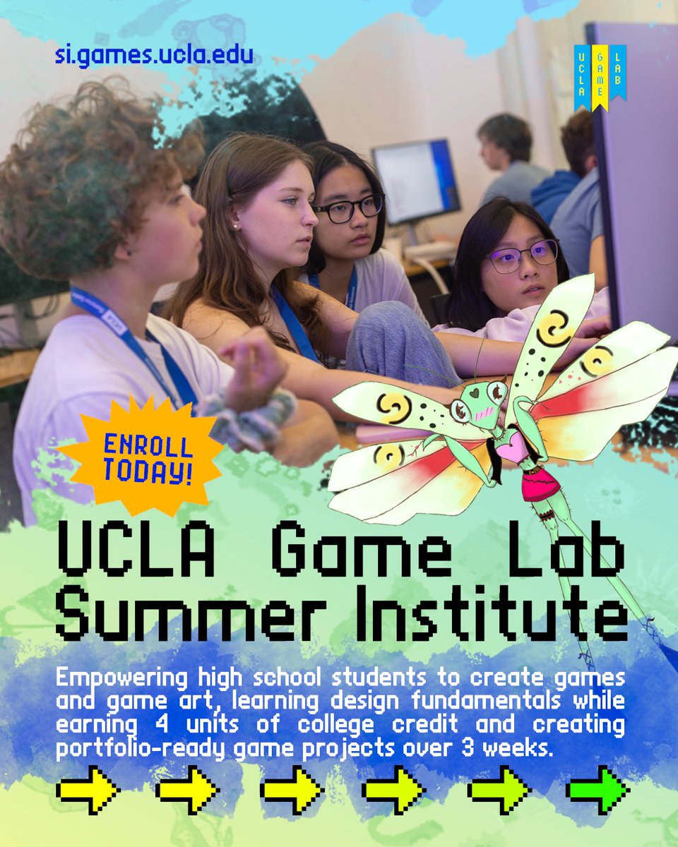 uclagames's tweet photo. Enrollment is open for the UCLA Game Lab Summer Institute! A 3-week program for high school students exploring game-making as an artistic practice. Learn game design, animation, worldbuilding, and programming. Online or on campus sessions👾https://t.co/2rJHSnmw6G🎮 https://t.co/9dV4aBhG7A