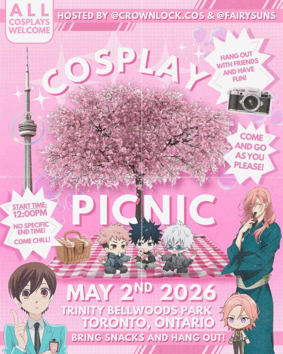 🌸JOIN US ON MAY 2 TO SEE THE CHERRY BLOSSOMS!! 🌸

local toronto cosplayers and further? lets have a picnic at trinity bellwoods under the blossoms this year~! 

all info in the picture below!