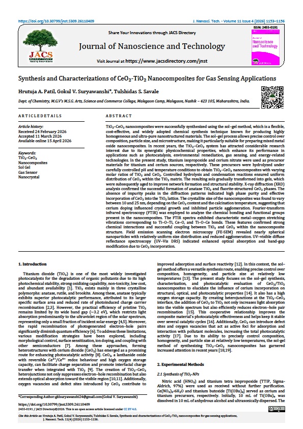 jnst_journal's tweet image. Synthesis and Characterizations of CeO₂-TiO₂ Nanocomposites for Gas Sensing Applications

Hrutuja A. Patil, G.V. Suryawanshi*, T.S. Savale

J. Nanosci. Tech.

Volume 11,Issue 4,2026, Pages: 1153–1156.

doi.org/10.30799/jnst.…

#jacsdirectory #jnst #nanoscience #nanotechnology