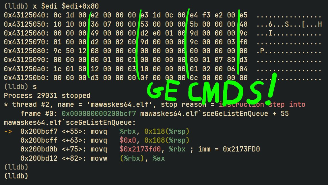 nuclearmode_'s tweet photo. memory has been mirrored + reached the point of enqueuing real psp graphics engine commands!

dither coefficients (e2-e5), patch division count (36), material (53),  model specular(5b), texture scale (48), draw primitive (04)...
https://t.co/awL8L98uTk https://t.co/zuQFNzcYOn