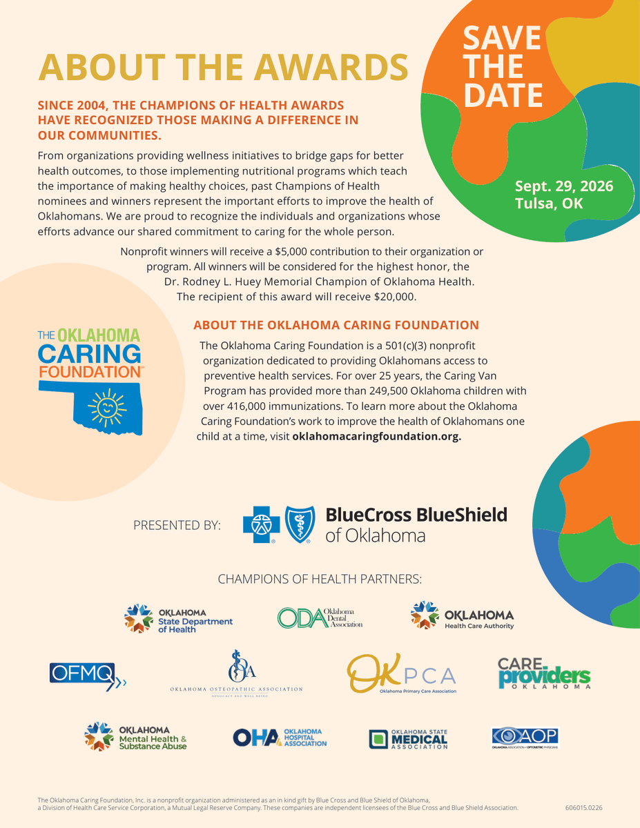 ok_hca's tweet photo. Do you know an Oklahoman making a difference in health? 💡 

Nominations for the 2026 Champions of Health Awards are open through April 30 in four categories: Children's Health, Community Health, Senior Health and Uninsured. 

Submit your nominations: https://t.co/GoAaEt6FFY https://t.co/b3IPoGw2ve