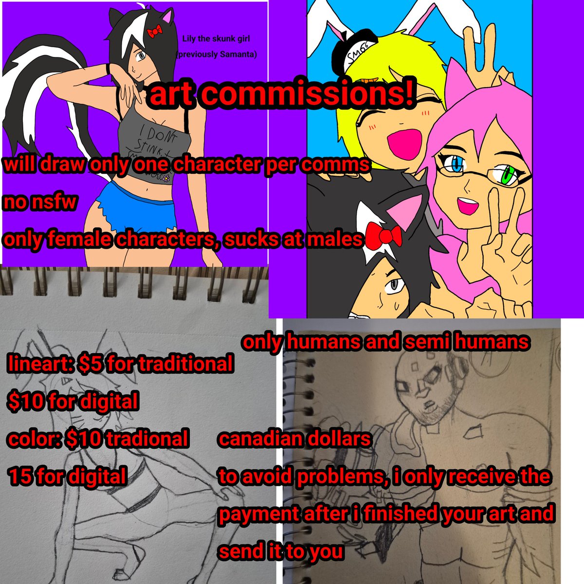 Bellathebunny18's tweet photo. starting art commissions, i offer fair prices and even if i said i can only do humans and semi humans, i'm willing to try other kind of characters, dm me if you want something https://t.co/RkeXnB6PGC