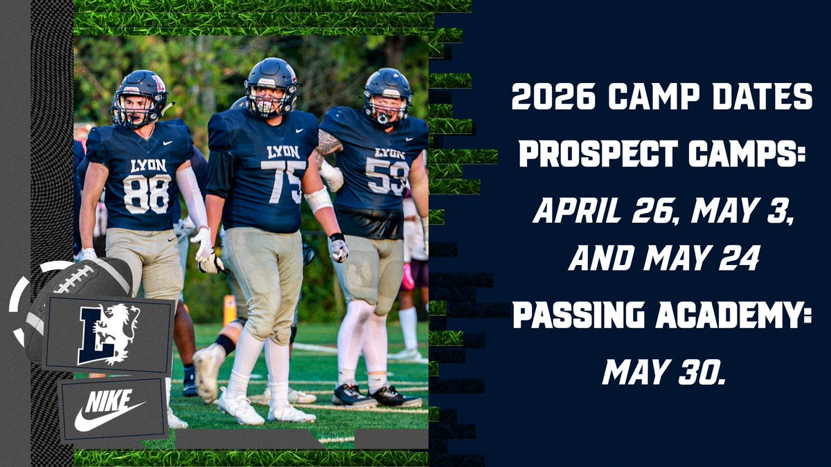 _Lyon_Football's tweet photo. Prospect Camps April 26, May 3 and May 24!

Passing Academy May 30!

https://t.co/MjsRmQFfrB

#LyonWay #FastandFurious #d3fb https://t.co/rXeiDqftaF