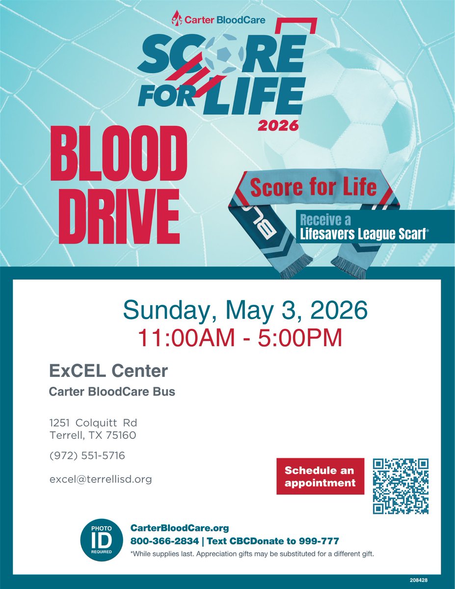 ExCEL_Terrell's tweet photo. The ExCEL will be hosting two Score For Life Blood Drives this May! Appointments recommended; Walk-ups accepted.

Drive 1 - Sun, 5/3, 11am - 5pm
 - Schedule an appointment: https://t.co/aIIE368MYV

Drive 2 - Sun, 5/24, 11am - 5pm
- Schedule an appointment: https://t.co/Fhd6pXyrqU https://t.co/FPwEtLFjFW
