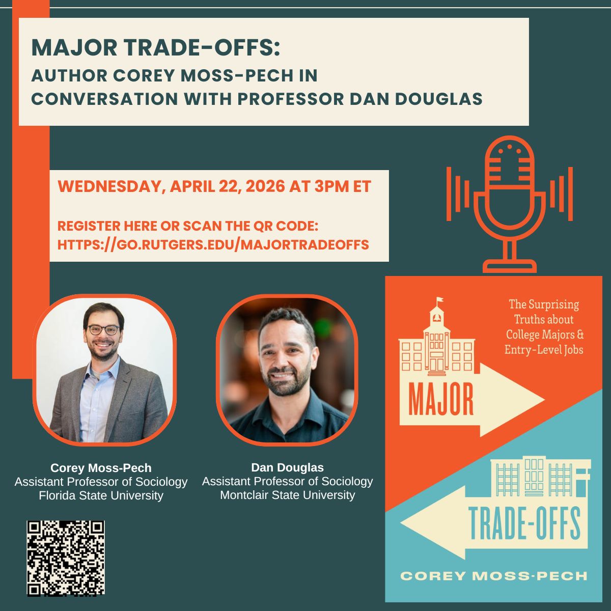 UChicagoPress's tweet image. Are “passion” majors really less practical? Join Corey Moss-Pech, author of Major Trade-Offs, and Dan Douglas next week to talk higher ed and careers. 

🗓️  Wed, April 22, 3pm ET
📩  Register here: buff.ly/WxMM6Ku 

#booktalk #highereducation