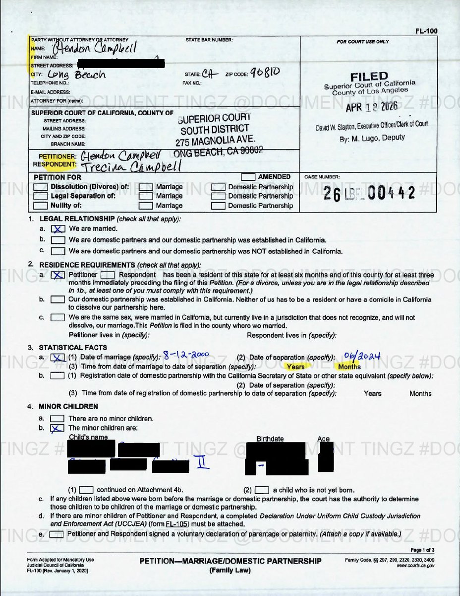 ⚖️NEW DIVORCE FILING⚖️A new Divorce Petition - Dissolution w/ Minor Child has been filed in the matter Tina Campbell V. Teddy Campbell for irreconcilable differences. The filing lists a date of marriage of August 12, 2000 and a date of separation of June 2024.

According to the