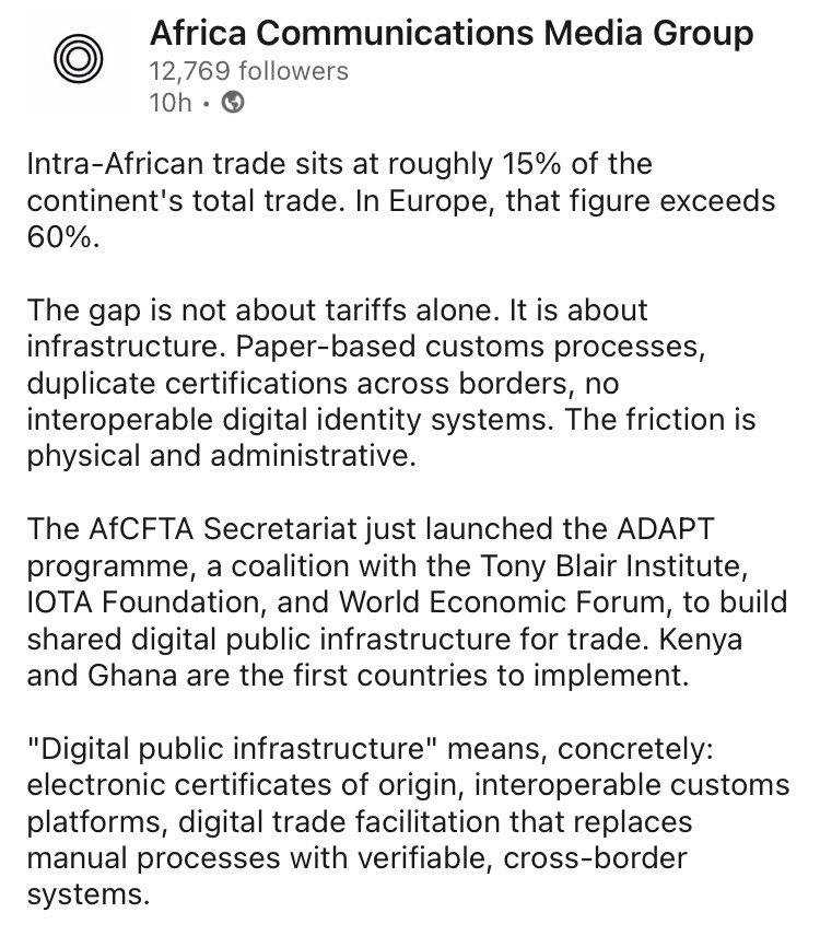 kurt_tangle's tweet image. Why has @ACGAfricacomms (big pan-African PR/comms agency) just posted about #ADAPT for 1st time (LinkedIn)? It mentions @iota @AfCFTA @InstituteGC @wef but they aren’t listed as clients on ACG’s website. My guess is @AfCFTA are a new client. ADAPT PR drive ordered? 🤞
#IOTA 🇰🇪 🇬🇭