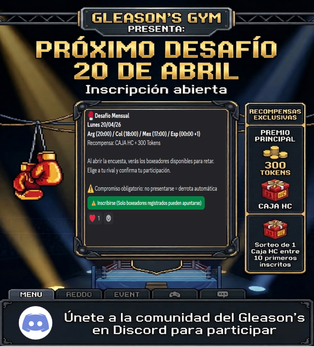 GymGleasons's tweet photo. 🥊 Nuevo Discord de Gleason’s Gym
👉 https://t.co/AqQxnSK9AN
🔥 Desafío activo – 20/04/26
⚔️ Reta a los boxeadores activos. Premio: Caja HC + 300 tokens
🎁 Sorteo de 1 Caja HC entre los 10 primeros inscritos
⚠️ Acceso limitado → regístrate y prepárate para los próximos torneos! https://t.co/zfqm4Ezv1t