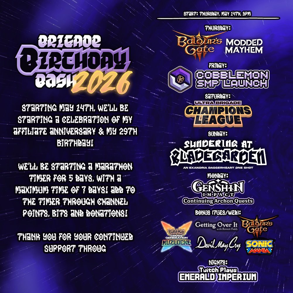 UltraTom100's tweet photo. THE BIRTHDAY BASH RETURNS!!!

Starting Thursday, May 14th, 15:00 UK Time, we'll be starting our 5+ Day Marathon, celebrating another year of surviving through these turbulent times, as I hit my 29th Birthday!!

See you there? https://t.co/C05sVB0H9I