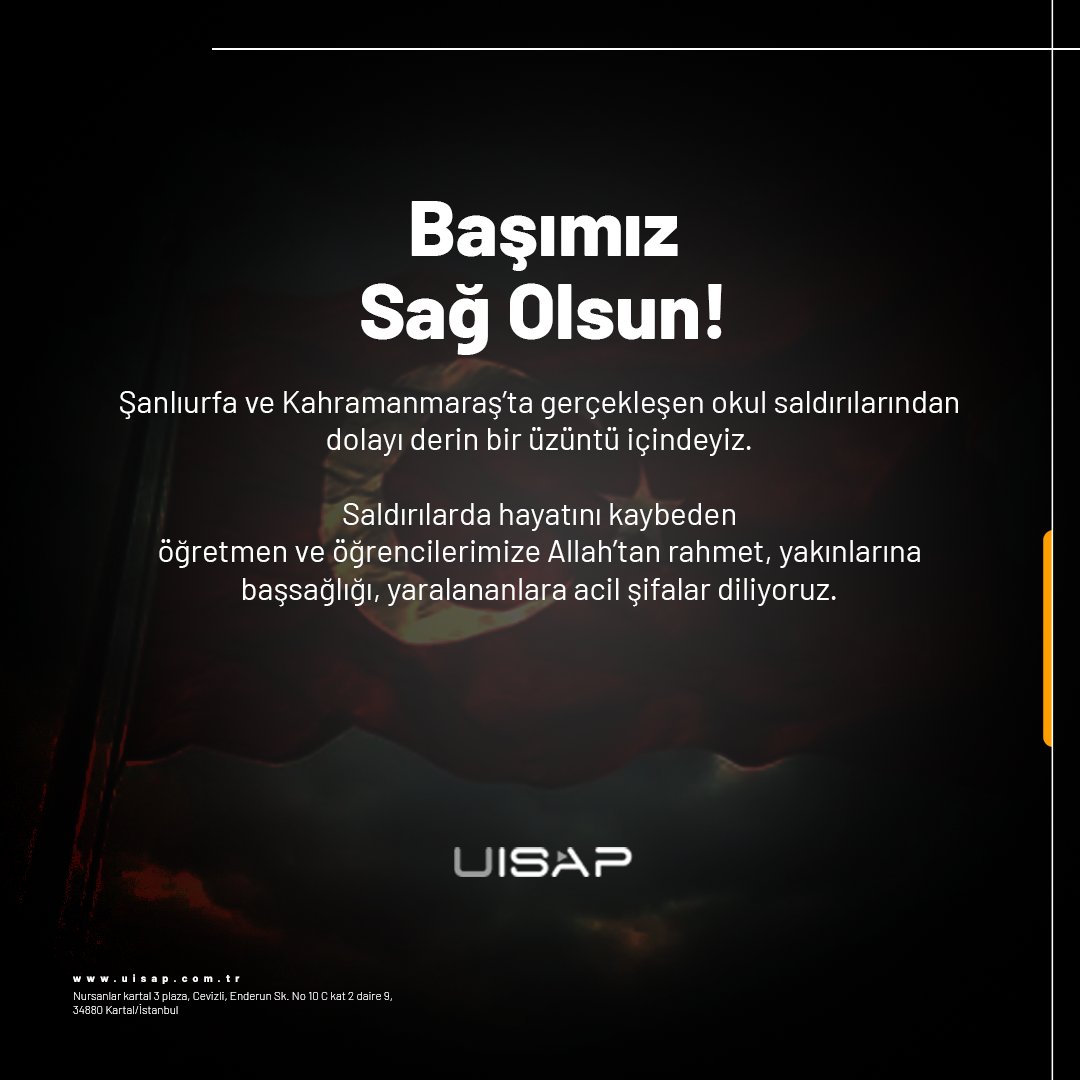 Başımız Sağ Olsun!

Şanlıurfa ve Kahramanmaraş’ta gerçekleşen okul saldırılarından dolayı derin bir üzüntü içindeyiz.
Saldırılarda hayatını kaybeden öğretmen ve öğrencilerimize Allah’tan rahmet, yakınlarına başsağlığı, yaralananlara acil şifalar diliyoruz.
#başımızsağolsun