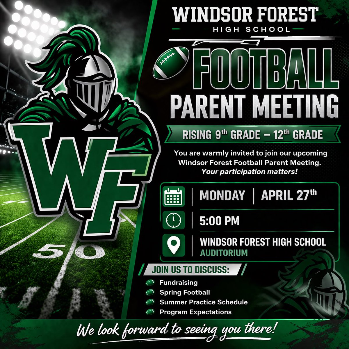 WFKnightsFB's tweet image. Join us for a #Knight. You’ll meet the coaches and learn about things to come! There is no greater time to be a Windsor Forest Knight! #setthestandard #everydaygiveeverything #compete