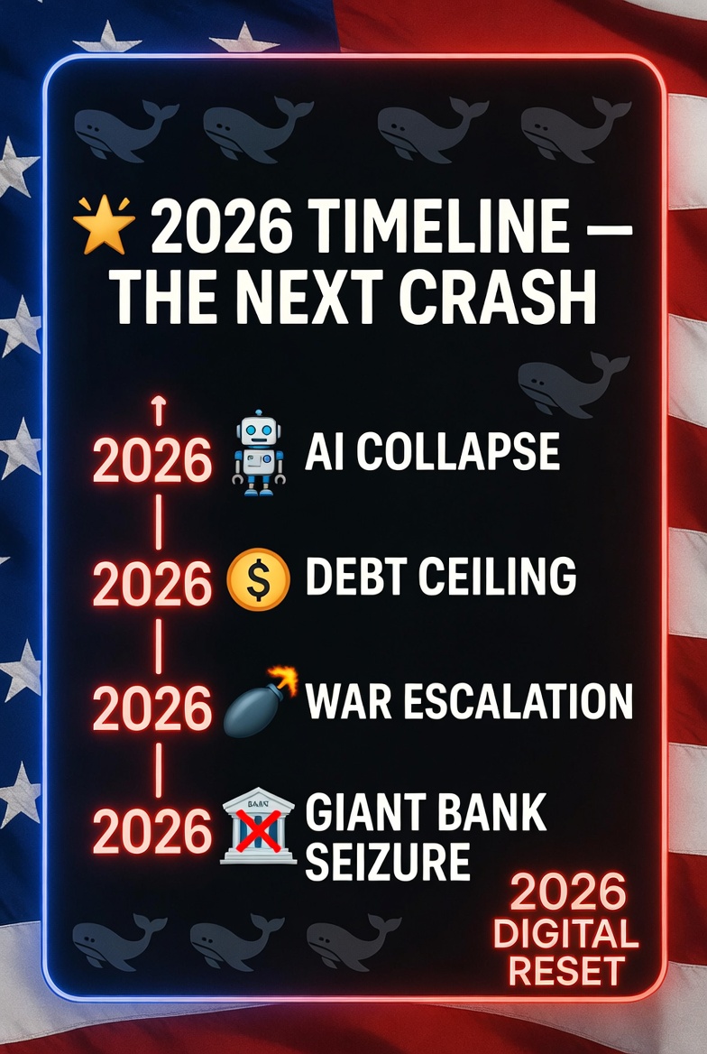 Truthbeusnow's tweet photo. 🔥 2026 TIMELINE — THEY’RE COUNTING ON THE CRASH AI bubble popping + massive sovereign debt + geopolitical war = perfect storm. When it hits, The Great Taking activates. Millions will wake up broke overnight while the elite scoop up real assets for pennies. This is the final wealth transfer they’ve been engineering.
Last one 👇 #GreatReset #2026Crash #TruthBeUsNow