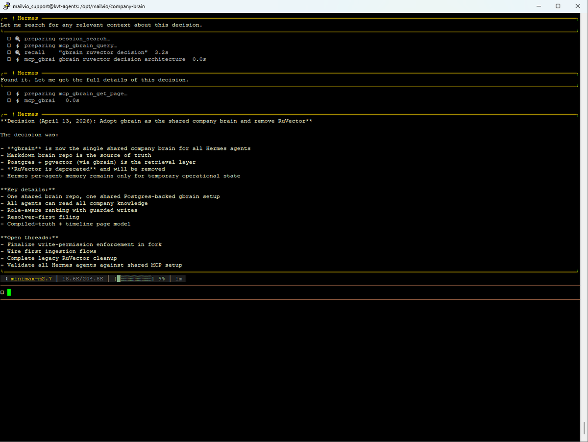 stevenvdpeijl's tweet photo. Zero Human Company:
Paperclip - manages 38 Hermes agents. All separate entities, own soul and skills. With private and shared workspace.

All agents connected to the same central 'gbrain' from @garrytan using gwen 8b embedding and elephant LLM for multi-query enhancement https://t.co/igF7YQo2GI