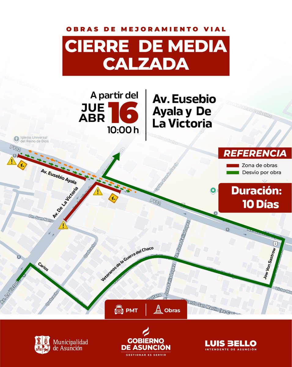 #InfoÚtil | Vía <a href="/AsuncionMuni/">Municipalidad de Asunción</a> 👇

🚨Atención conductores: este jueves desde las 10:00 se procederá al cierre de media calzada de la Av. Eusebio Ayala y De La Victoria, por obras de mejoramiento vial. 

📲 abc.com.py