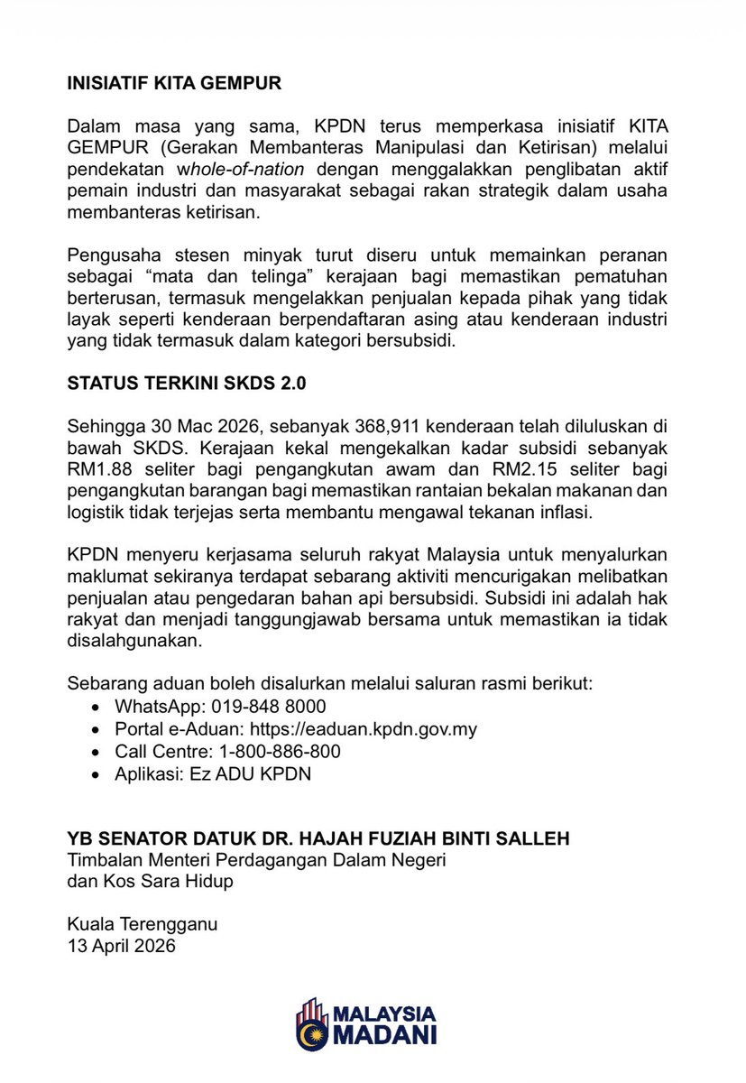KPDN_HQ's tweet photo. [KENYATAAN MEDIA]

KPDN PERKETAT PEMANTAUAN STESEN MINYAK BAGI MEMBENDUNG KETIRISAN SUBSIDI

TERENGGANU | 13 April 2026 | Isnin

#KPDN
#KPDNKITA
#MalaysiaMADANI
#SKDS https://t.co/pzEZraxKzR