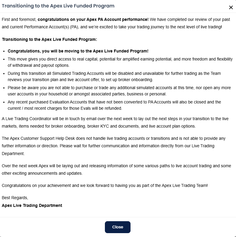 VClouette's tweet image. Moved to Live Account on Apex

I went to request a payout on apex and noticed all my 12 funded accounts were closed...

Then I saw this notice saying I am being moved to a Live account.

Is this good? I had no idea they have a Live account to be honest..

I'm trying to find the