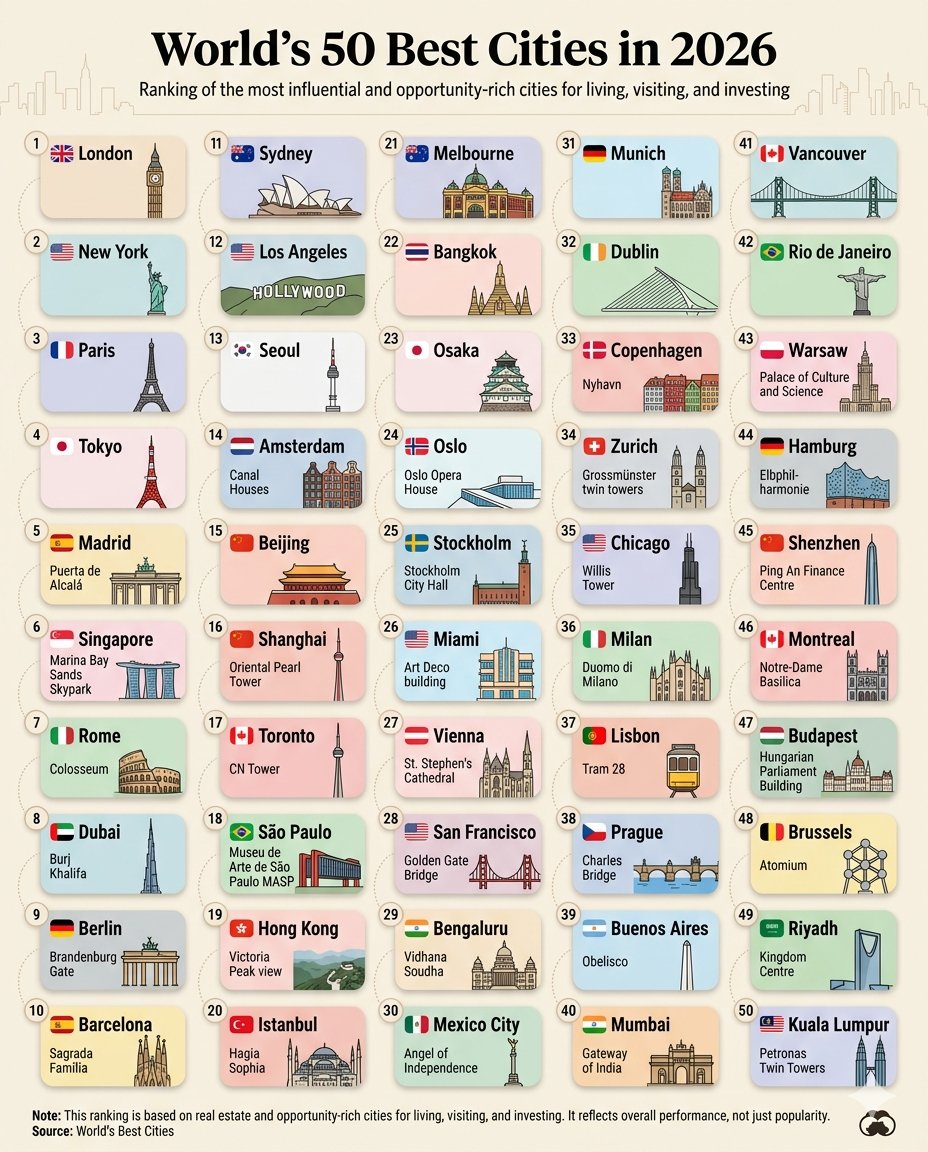 World’s 50 Best Cities in 2026

1. 🇬🇧 London  
2. 🇺🇸 New York  
3. 🇫🇷 Paris  
4. 🇯🇵 Tokyo  
5. 🇪🇸 Madrid  
6. 🇸🇬 Singapore  
7. 🇮🇹 Rome  
8. 🇦🇪 Dubai  
9. 🇩🇪 Berlin  
10. 🇪🇸 Barcelona  

11. 🇦🇺 Sydney  
12. 🇺🇸 Los Angeles  
13. 🇰🇷 Seoul  
14. 🇳🇱 Amsterdam  
15. 🇨🇳 Beijing  
16.