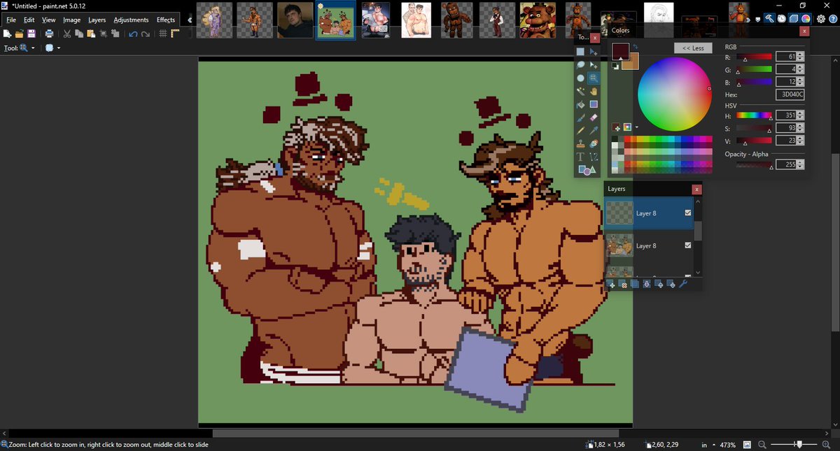 [WIP]

Man, he let the freddies into the room. 

(Credits to <a href="/uberaccoon/">ube 📺</a> for Mike Schmidt references)

#bara #fnaf #pixelart #oc