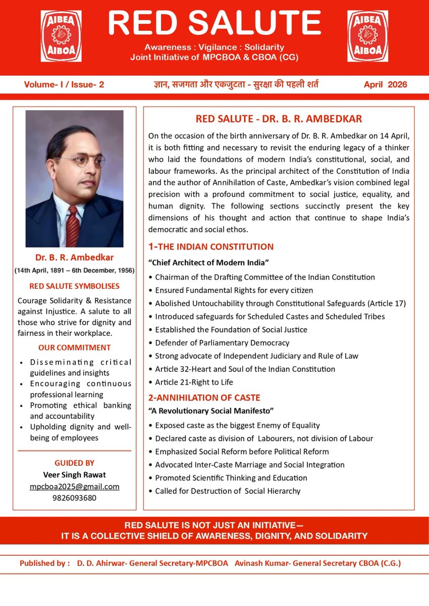 cgcboa's tweet image. RED SALUTE-VOLUME 1-ISSUE-2

#भीमरावअंबेडकर- Chief Architect of Modern India, Fighter for Human Dignity, Pioneer of Labour Rights, Annihilation of Caste (A Revolutionary Social Manifesto)

#Equality #Justice #Liberty #Fraternity #Redsalute #Constitution 

@AIBOAOFFICIAL