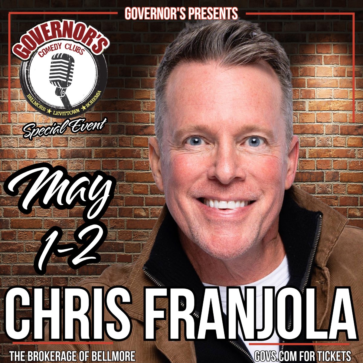ComedyGovs's tweet image. May 1-2 in Bellmore! Come laugh with Chris Franjola at The Brokerage! Tickets are going fast so get them while you can at GOVS.com! #standup #comedy #laugh #comedyshow #longisland
