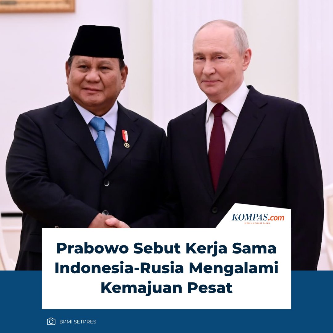 kompascom's tweet image. "Hampir semua bidang yang kita sepakati beberapa bulan yang lalu mengalami kemajuan pesat," ujar Presiden Prabowo.

Baca di: nasional.kompas.com/read/2026/04/1… 

~WR #Prabowo #Indonesia #Rusia #Putin