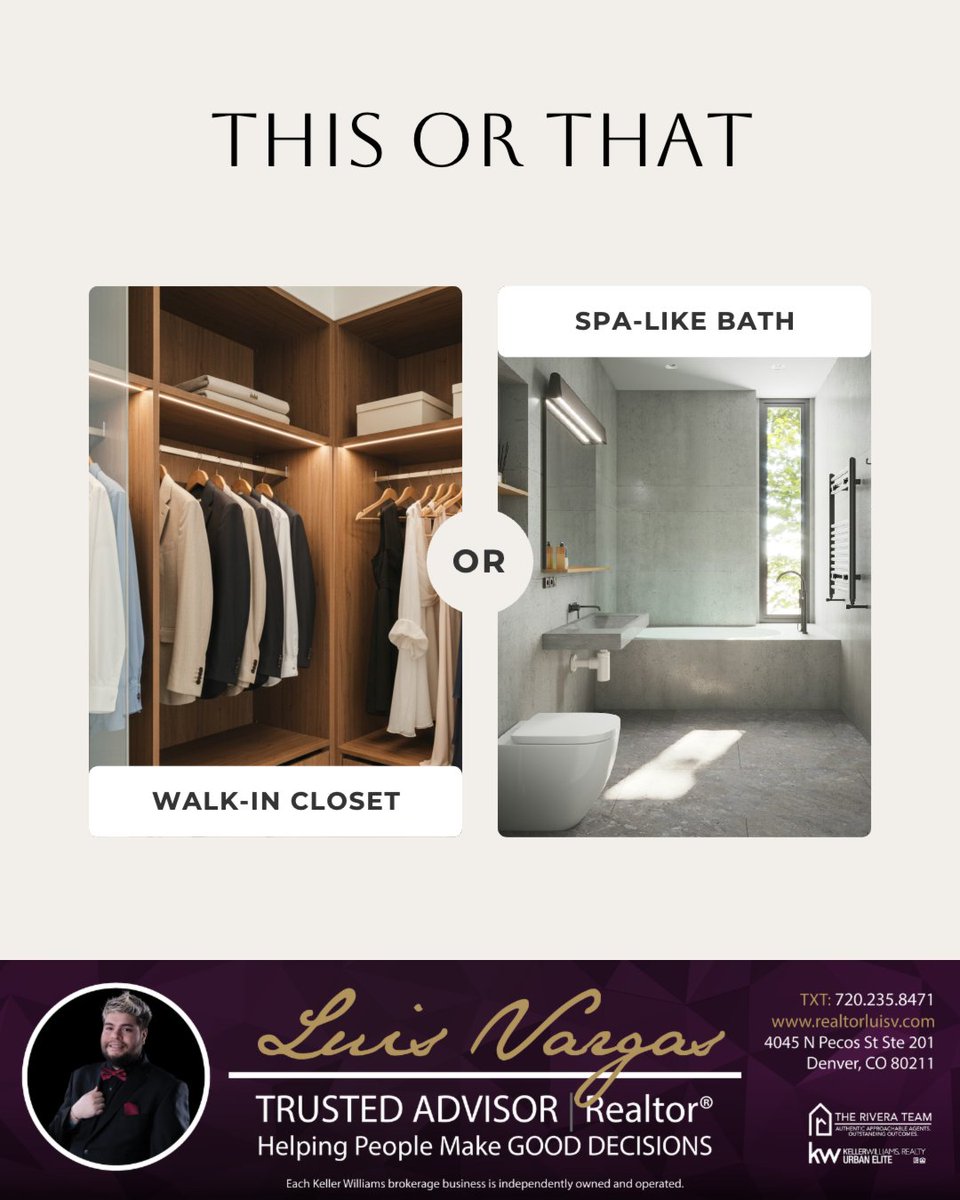 RealtorLuisV's tweet image. When considering our aspirations, do you lean towards a spacious walk-in closet to accommodate every garment, or a luxurious spa-like bathtub for utmost relaxation? Share your preference and reasons with us.

#luxuryliving #homebuyers #preferences